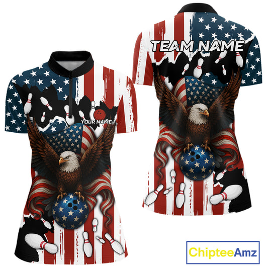 American Flag Eagle Bowling Polo, Quarter Zip Shirts For Women Custom Patriotic Team Bowling Jersey NQS10572