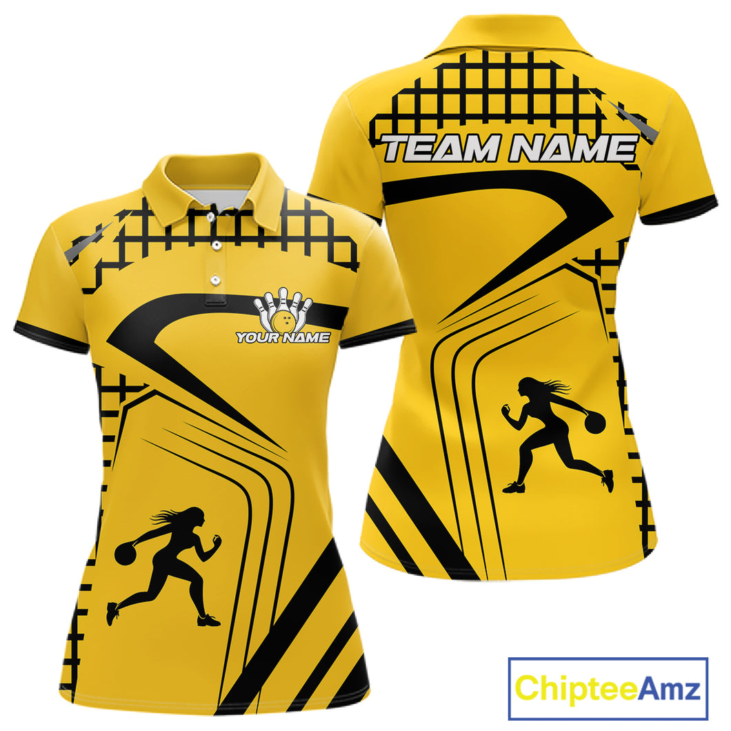Custom Black and Yellow Bowling Shirts For Women, Personalized Team Bowling Jersey Bowler Outfit NQS10575