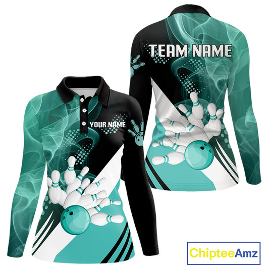 Women bowling polo, 1/4 zip shirts Custom cyan blue smoke bowling team jerseys, gift for Bowlers NQS10060