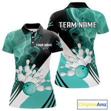 Load image into Gallery viewer, Women bowling polo, 1/4 zip shirts Custom cyan blue smoke bowling team jerseys, gift for Bowlers NQS10060