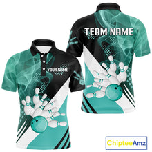 Load image into Gallery viewer, Mens bowling polo, 1/4 zip shirts Custom cyan blue smoke bowling team jerseys, gift for Bowlers NQS10060
