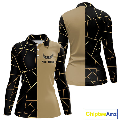 Black and Gold pattern Women Golf polo shirts custom golf attire for ladies, golfing gifts NQS10359