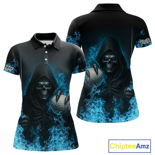 Blue Flame Skull reaper Women Golf polo shirts custom golf top for ladies, best golf gifts NQS10360