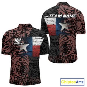 Texas Flag tribal pattern Bowling Polo, 1/4 Zip shirts for men Custom patriotic Team bowling jersey NQS10583