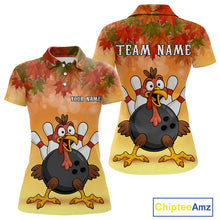 Load image into Gallery viewer, Custom Funny Turkey Bowling Shirt For Women, maple leaf pattern Thanksgiving Bowling Team Uniform NQS10368