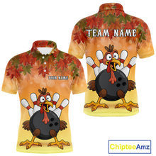 Load image into Gallery viewer, Custom Funny Turkey Bowling Shirt For Men, maple leaf pattern Thanksgiving Bowling Shirt Team Uniform NQS10368