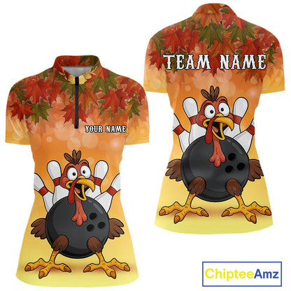 Custom Funny Turkey Bowling Shirt For Women, maple leaf pattern Thanksgiving Bowling Team Uniform NQS10368