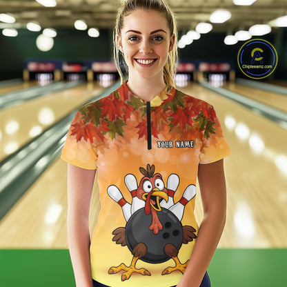 Custom Funny Turkey Bowling Shirt For Women, maple leaf pattern Thanksgiving Bowling Team Uniform NQS10368