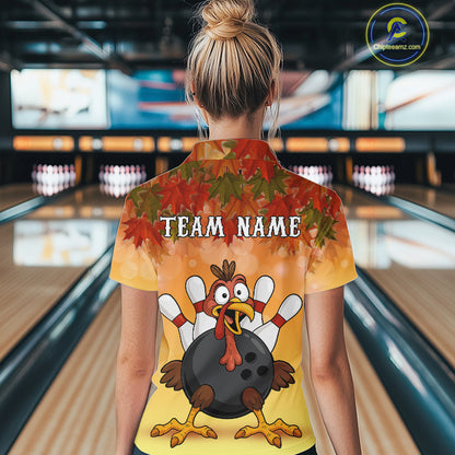 Custom Funny Turkey Bowling Shirt For Women, maple leaf pattern Thanksgiving Bowling Team Uniform NQS10368