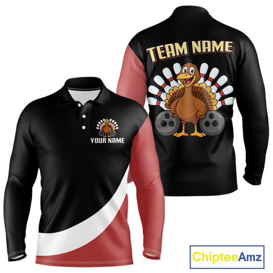 Retro Black and Red Turkey Bowling Polo, Quarter Zip Shirt For Men, Thanksgiving Bowling Team Jersey NQS10370