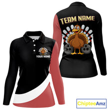 Load image into Gallery viewer, Retro Black &amp; Red Turkey Bowling Polo, Quarter Zip Shirt For Women, Thanksgiving Bowling Team Jersey NQS10370