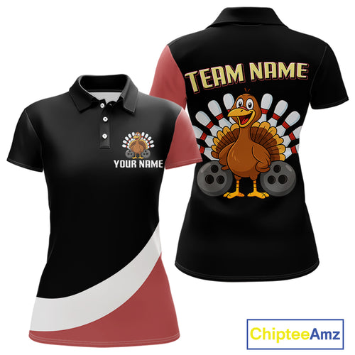 Retro Black & Red Turkey Bowling Polo, Quarter Zip Shirt For Women, Thanksgiving Bowling Team Jersey NQS10370