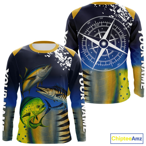 Personalized Mahi Mahi, Wahoo, Tuna scales blue Fishing Shirts, compass offshore tournament Shirts NQS10371