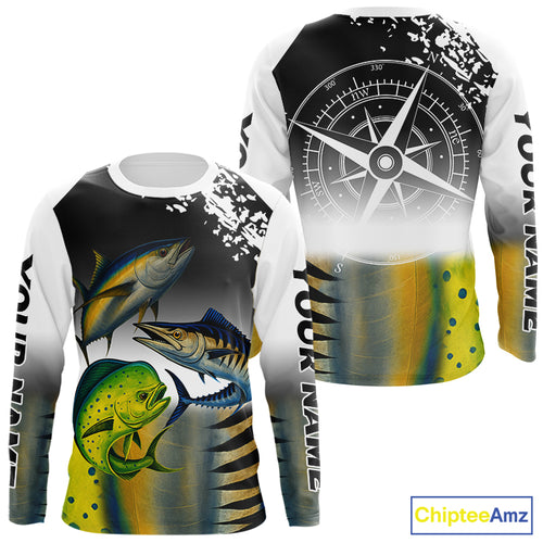 Personalized Mahi Mahi, Wahoo, Tuna scales black Fishing Shirts, compass offshore tournament Shirts NQS10372