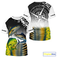 Load image into Gallery viewer, Personalized Mahi Mahi, Wahoo, Tuna scales black Fishing Shirts, compass offshore tournament Shirts NQS10372