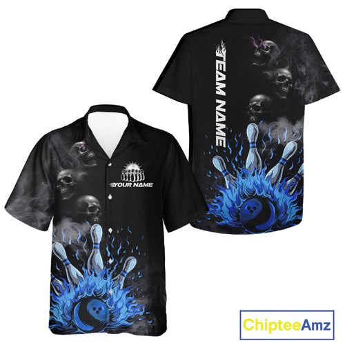 Personalized Smoke Skull Blue Flame Black Bowling Hawaiian Shirt Custom Team Bowling Jerseys NQS10597