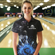 Load image into Gallery viewer, Personalized Smoke Skull Blue Flame Black Bowling Shirts For Women Custom Team Bowling Jerseys NQS10597