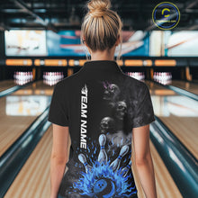 Load image into Gallery viewer, Personalized Smoke Skull Blue Flame Black Bowling Shirts For Women Custom Team Bowling Jerseys NQS10597