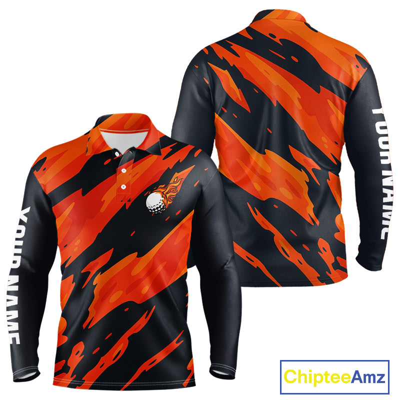 Black and Orange Flame Golf polo shirts for mens Custom mens golf outfit, personalized golf gifts NQS10069