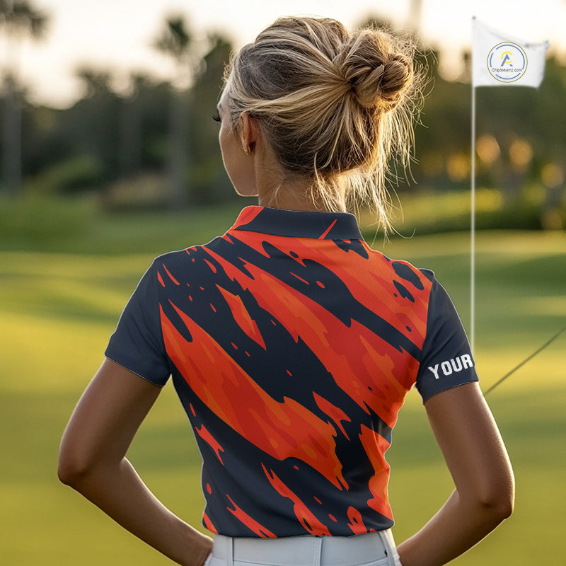 Black and Orange Flame Golf polo shirts for Women Custom ladies golf outfit, personalized golf gifts NQS10069