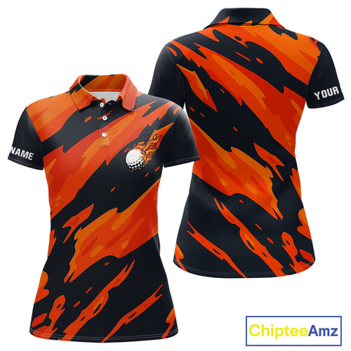 Black and Orange Flame Golf polo shirts for Women Custom ladies golf outfit, personalized golf gifts NQS10069