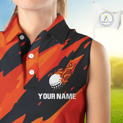 Black and Orange Flame Women Sleeveless Golf polo shirts Custom ladies golf outfit, golf gifts NQS10069