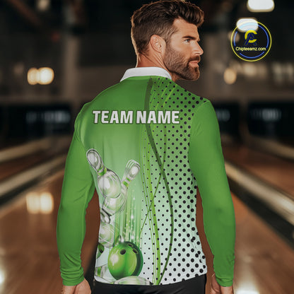 Mens bowling polo, quarter zip shirts Custom bowling team jerseys, gift for Bowlers | Green NQS10072