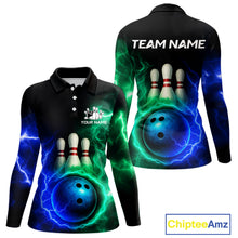 Load image into Gallery viewer, Blue and Green Lightning thunder Black Bowling Shirts For Women custom Bowling Team Jerseys NQS10379