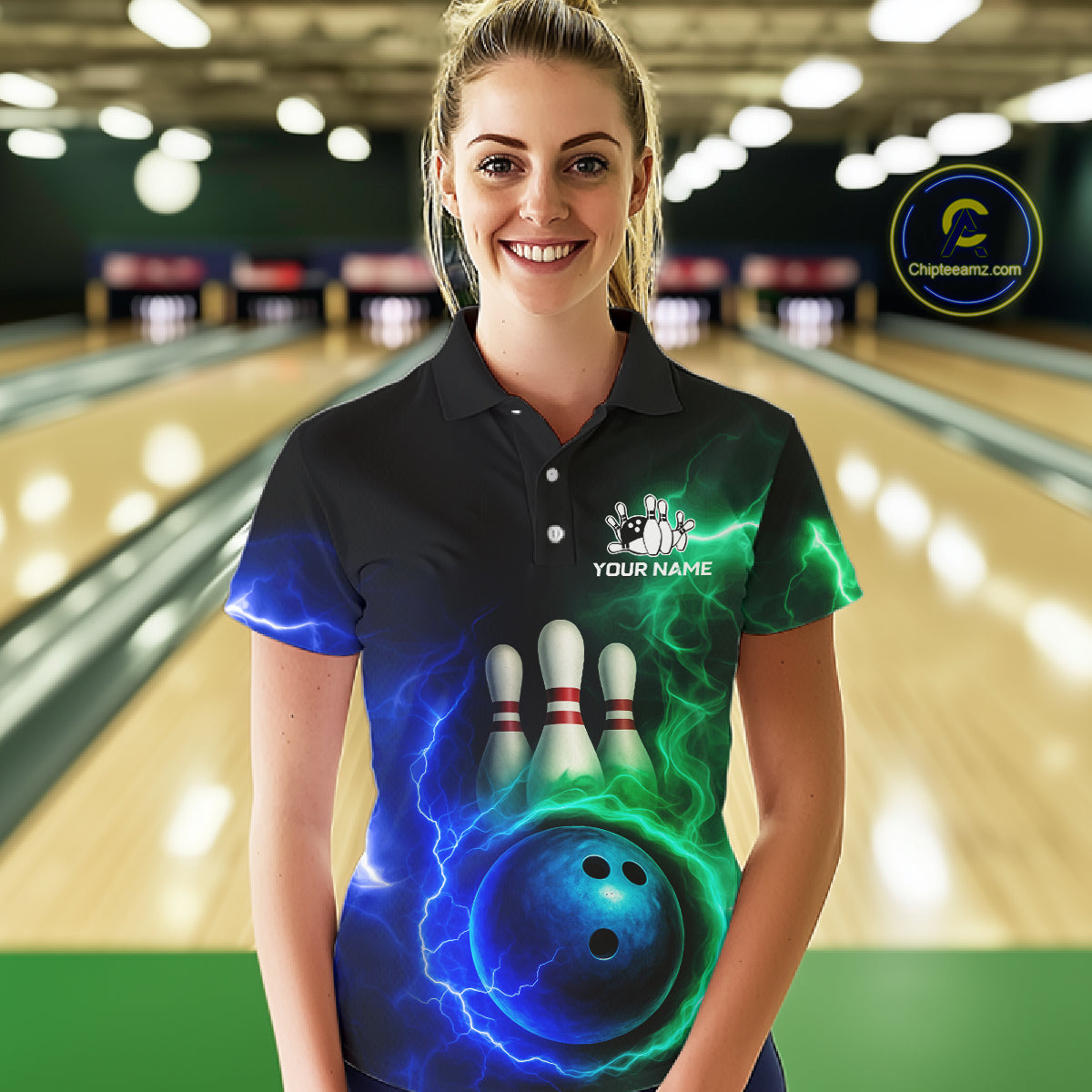 Blue and Green Lightning thunder Black Bowling Shirts For Women custom Bowling Team Jerseys NQS10379