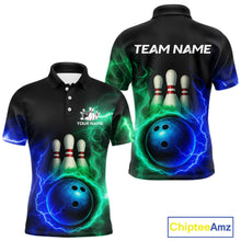 Load image into Gallery viewer, Blue and Green Lightning thunder Black Bowling Shirts For Men custom Bowling Team Jerseys NQS10379
