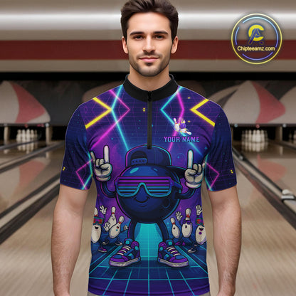 Purple neon stage funny Bowling polo, quarter zip shirts for Men Custom funny bowling team shirts NQS10299