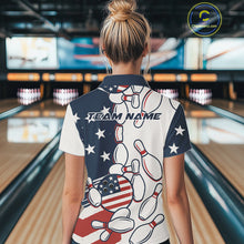 Load image into Gallery viewer, Custom American flag Bowling Shirt For Women personalized red, white and blue patriotic bowling shirt NQS10313