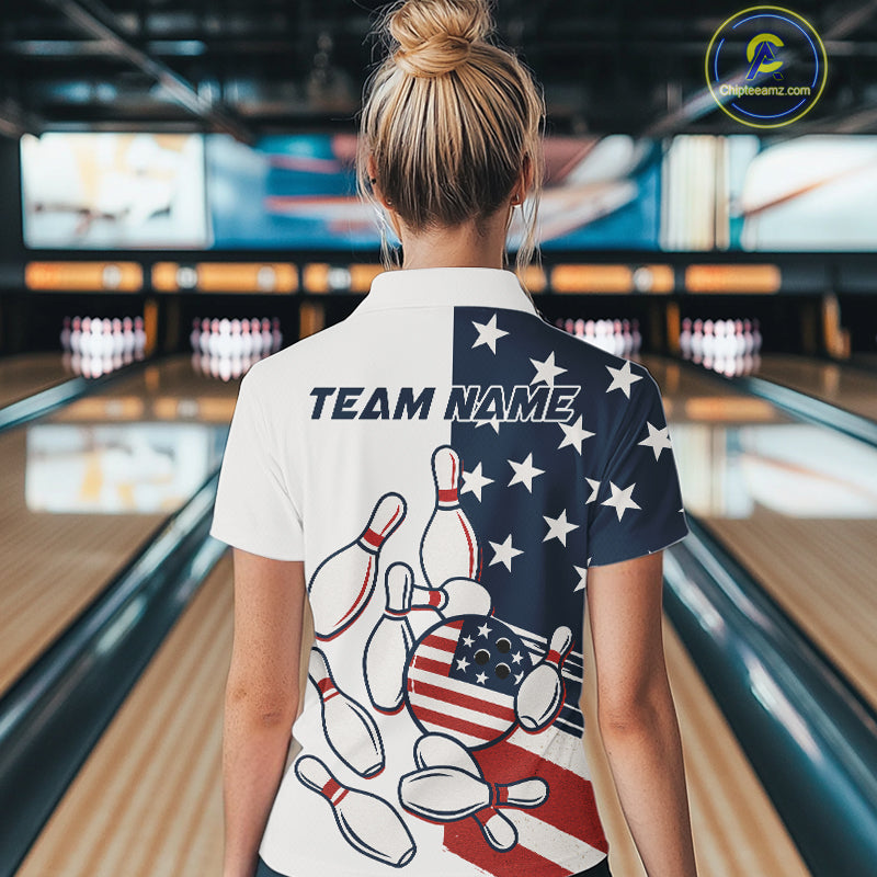 Custom American flag Bowling Shirt For Women personalized red, white and blue patriotic bowling shirt NQS10313