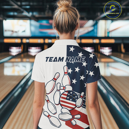 Custom American flag Bowling Shirt For Women personalized red, white and blue patriotic bowling shirt NQS10313