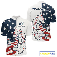 Load image into Gallery viewer, Custom American flag Bowling Shirt For Men personalized red, white and blue patriotic bowling shirts NQS10313