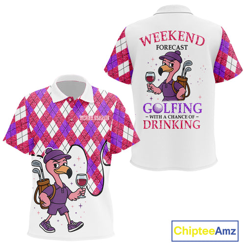 Pink purple glitter argyle pattern Flamingo Kid golf polo shirt Custom weekend forecast golf & wine NQS10325