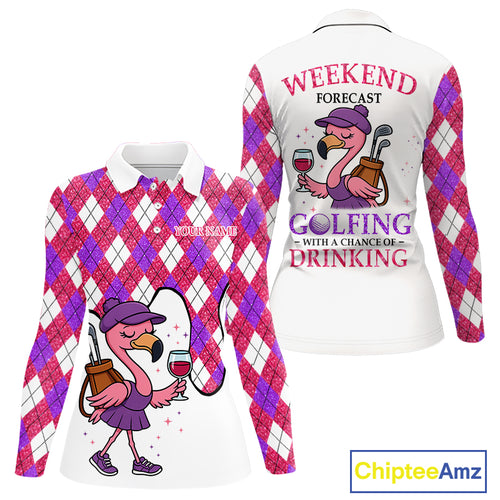 Pink purple glitter argyle pattern Flamingo Women golf polo shirt Custom weekend forecast golf & wine NQS10325