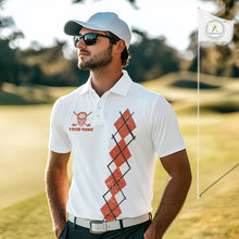 Load image into Gallery viewer, Orange argyle plaid pattern Skull White Golf polo shirts for men custom Halloween mens golf attire NQS10357