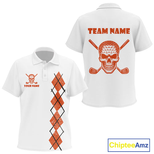 Orange argyle plaid pattern Skull White Golf polo shirt for Kid custom Halloween Kid golf attire NQS10357