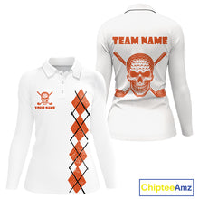 Load image into Gallery viewer, Orange argyle plaid pattern Skull White Golf polo shirt for Women custom Halloween ladies golf attire NQS10357