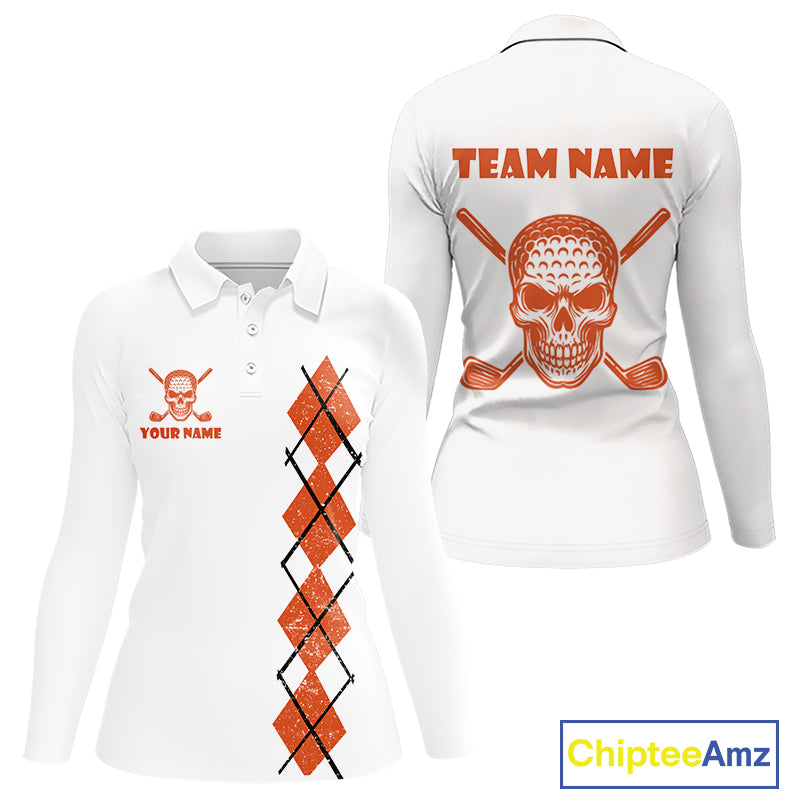 Orange argyle plaid pattern Skull White Golf polo shirt for Women custom Halloween ladies golf attire NQS10357