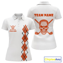 Load image into Gallery viewer, Orange argyle plaid pattern Skull White Golf polo shirt for Women custom Halloween ladies golf attire NQS10357
