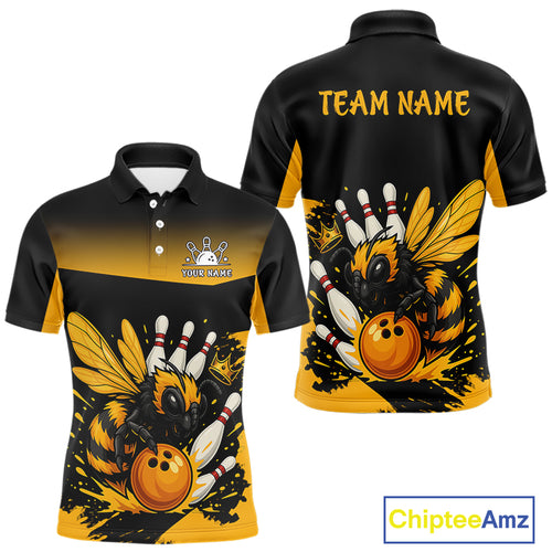 Custom Black and Yellow Bee Bowling Polo, Quarter Zip Shirts For Men, Bee Bowling Team Bowlers Outfit NQS10361