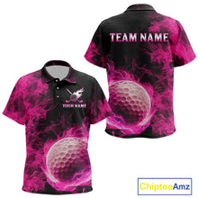 Load image into Gallery viewer, Black and Pink Flame Golf Ball Kid golf polo shirts custom name golf outfit for kid golf clothes NQS9869
