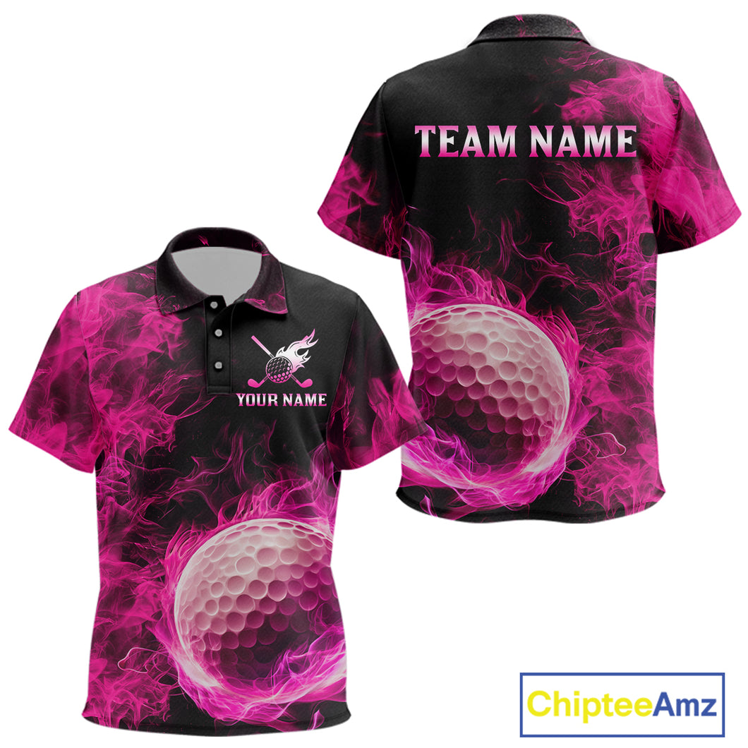Black and Pink Flame Golf Ball Kid golf polo shirts custom name golf outfit for kid golf clothes NQS9869
