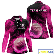 Load image into Gallery viewer, Black and Pink Flame Golf Ball Women Golf polo shirts custom name golf outfit for ladies golf clothes NQS9869
