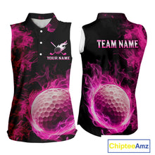 Load image into Gallery viewer, Black and Pink Flame Golf Ball Women sleeveless polo shirt custom golf outfit for ladies golf clothes NQS9869