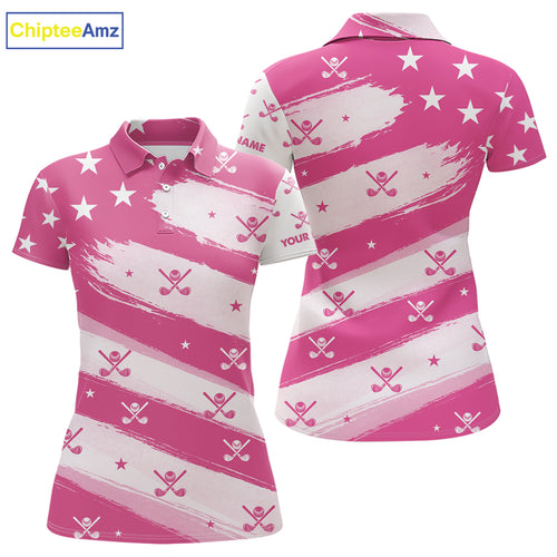 Pink American Flag Women golf polo shirt custom patriotic golf outfits ladies, cool golf gifts NQS10092