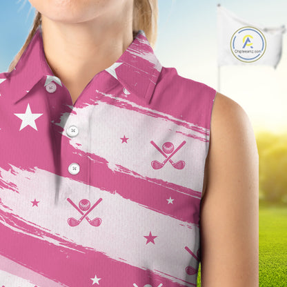 Pink American Flag Womens Sleeveless polo shirt, patriotic golf outfits ladies, cool golf gifts NQS10092