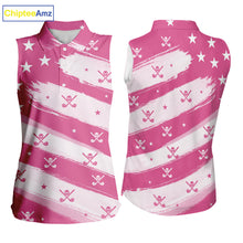 Load image into Gallery viewer, Pink American Flag Womens Sleeveless polo shirt, patriotic golf outfits ladies, cool golf gifts NQS10092